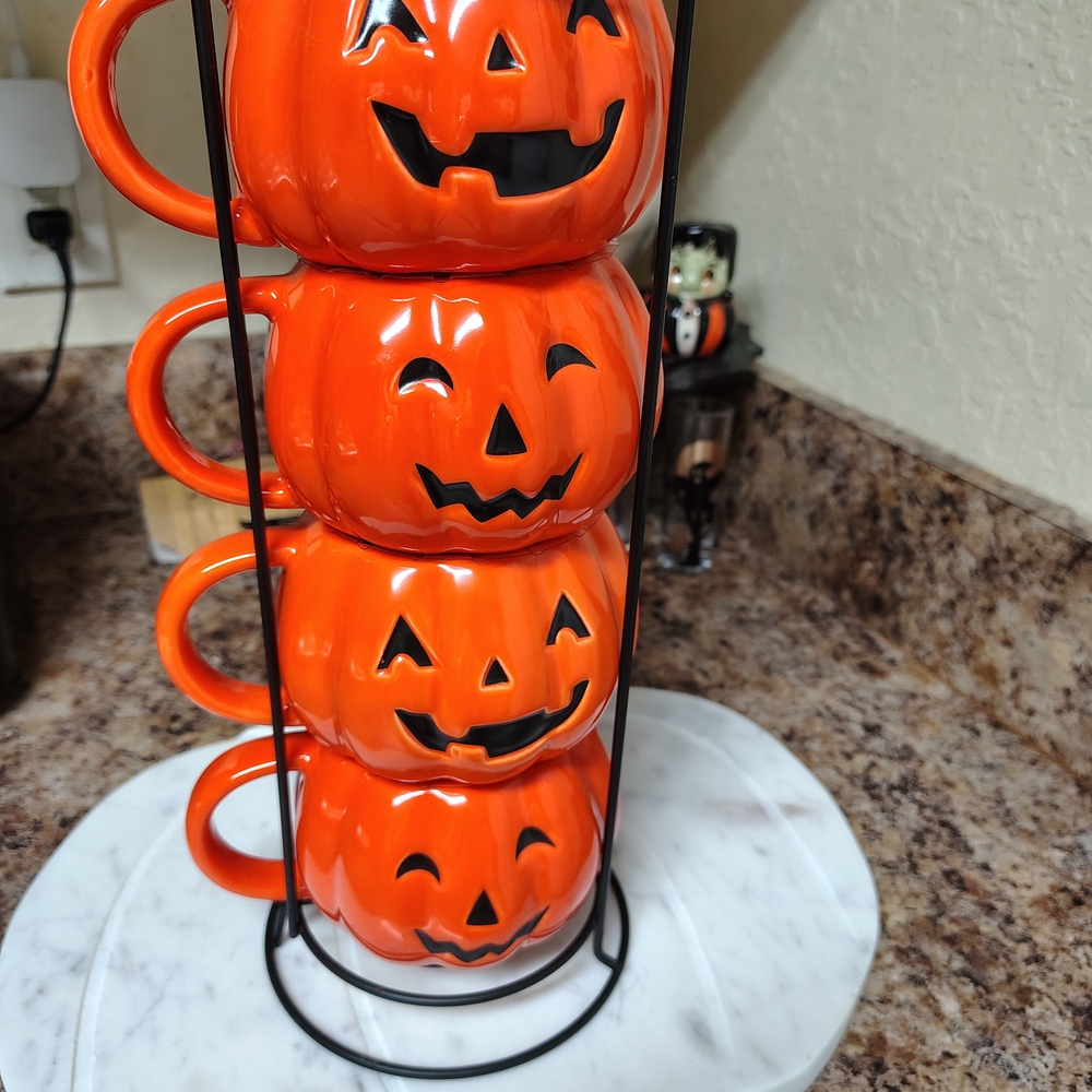Set of Pumpkin Face Orange Mugs